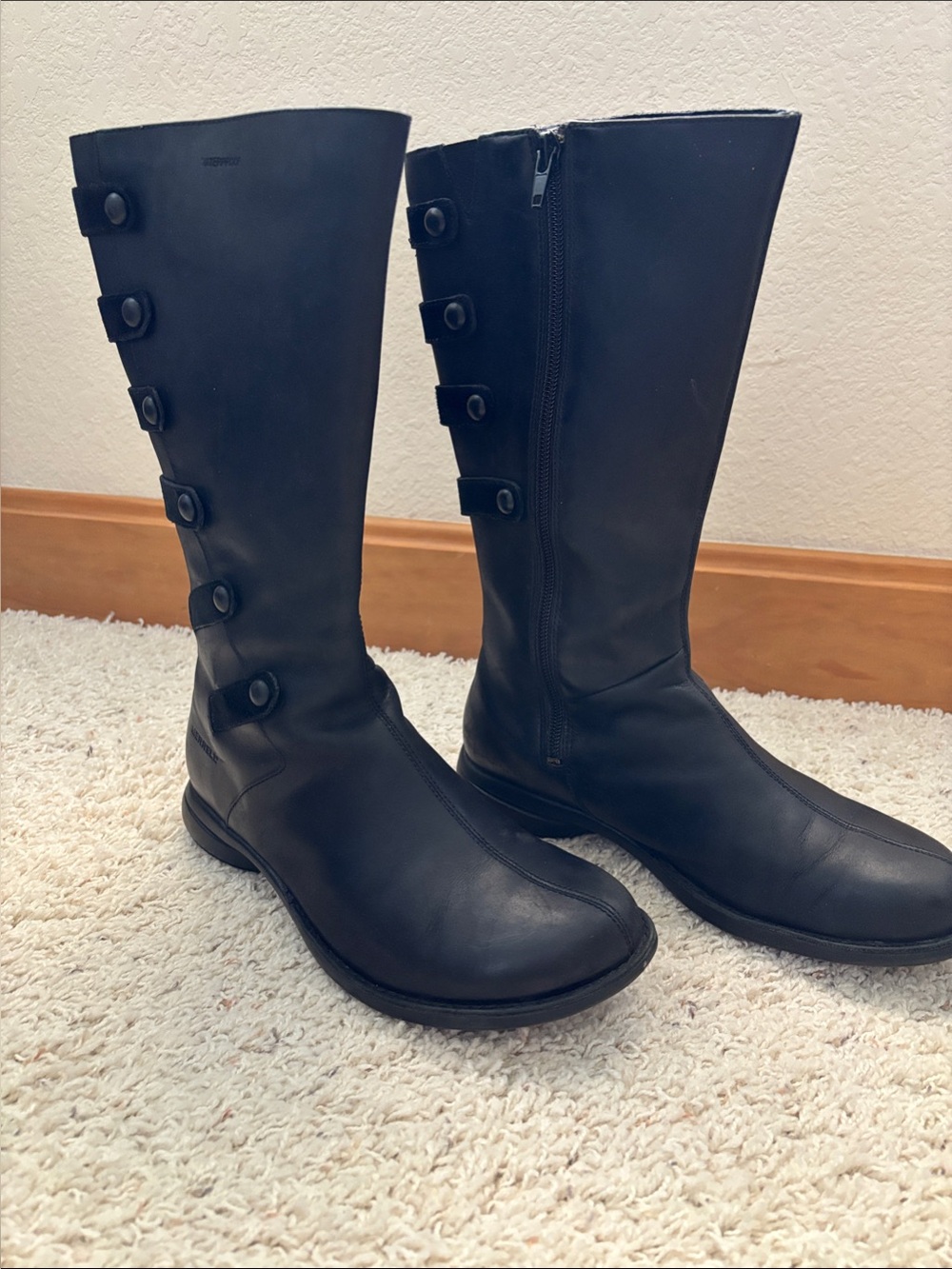 Merrell Black Knee-High Leather Button-Accent Heeled Boots